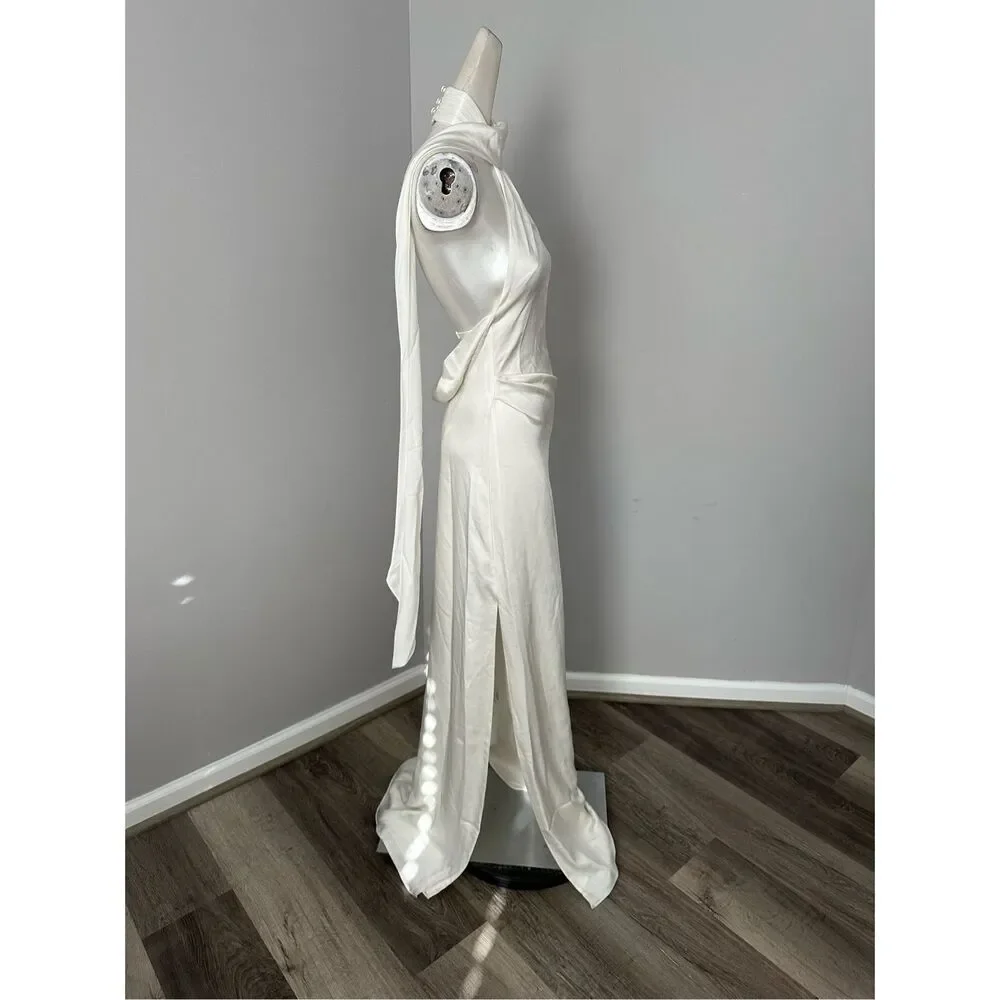NWT Jonathan Simkhai Open Back Satin Vittoria Draped Scarf Maxi Gown Ivory Sz 0
